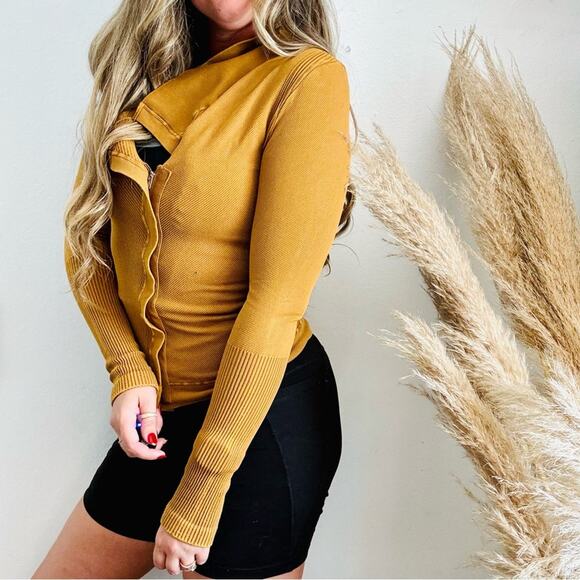 FP FREE PEOPLE Mustard Gold Yellow Zip Thermal Throw Out Jacket Sweater Top XS S - Picture 8 of 13